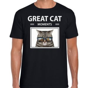 Dieren foto t-shirt grijze kat - zwart - heren - great cat moments - cadeau shirt katten liefhebber