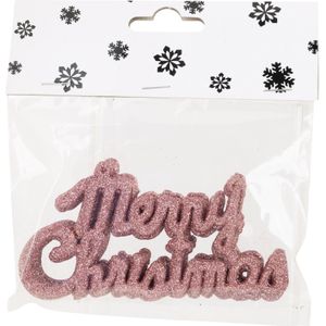 12x stuks Merry Christmas kersthangers roze van kunststof 10 cm kerstornamenten - Kerstboomversiering - Kerstornamenten