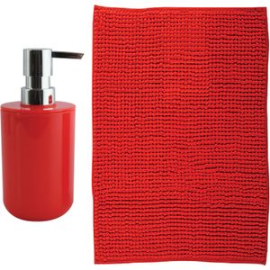 MSV badkamer droogloop mat - Genua - 50 x 80 cm - met bijpassende kleur zeeppompje - rood