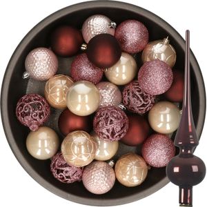 Decoris Kerstballen - 37x ST - kunststof - 6 cm - roze en bruin tinten - met glazen piek
