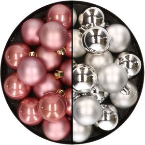 32x stuks kunststof kerstballen mix van oudroze en zilver 4 cm - Kerstversiering