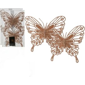 Decoris kerstboom decoratie vlinders op clip - 6x - lichtroze - 13 cm