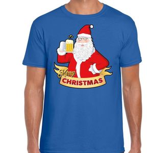 Fout Kerst shirt / t-shirt - Cheers / bier Santa - blauw - heren - kerstkleding / kerst outfit
