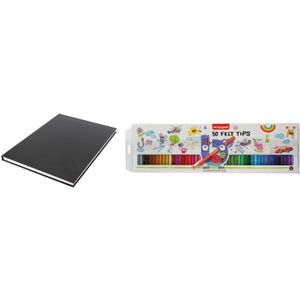 Schetsboek/tekenboek zwart A4 formaat 80 vellen met 50 viltstiften - Tekenen/kleuren