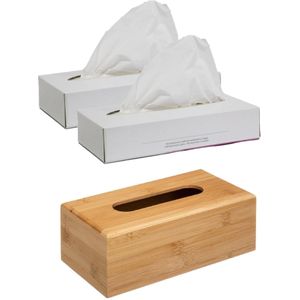Tissuedoos/tissuebox bruin 25 x 13 x 8,5 cm van bamboe hout gevuld met 200x stuks 2-laags tissue papier