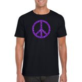 Toppers in concert Zwart Flower Power t-shirt paarse glitter peace teken heren - Sixties/jaren 60 kleding