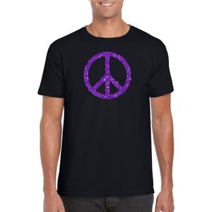 Toppers Zwart Flower Power t-shirt paarse glitter peace teken heren - Sixties/jaren 60 kleding