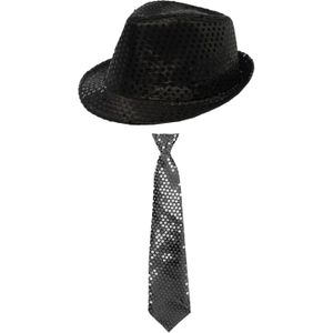 Carnaval verkleed set - hoedje en stropdas - zwart - volwassenen - glitters
