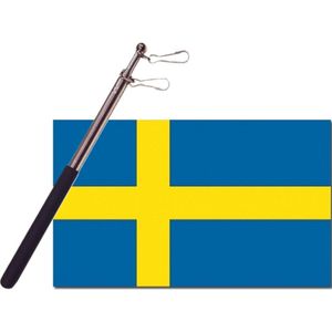 Landen vlag Zweden - 90 x 150 cm - met compacte draagbare telescoop vlaggenstok - zwaaivlaggen