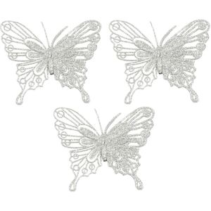 House of Seasons kerstboomversiering vlinders op clip - 3x st - zilver - 10 cm