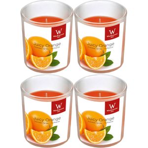 4x Geurkaarsen sinaasappel in glazen houder 25 branduren - Geurkaarsen sinaasappel geur - Woondecoraties
