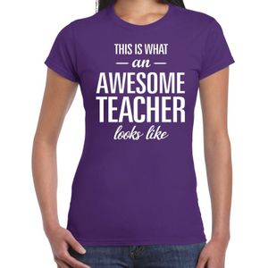 Bellatio Decorations cadeau t-shirt dames - awesome teacher - lerares bedankje - juffendag - paars