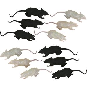 Nep ratten - set 12x - zwart/glow in the dark - Horror/griezel thema decoratie dieren