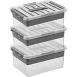 3x Sunware Q-Line opberg boxen/opbergdozen met vakverdeling/vakken tray 15 liter 40 x 30 x 18 cm kunststof - Gereedschapskist - Opslagbox - Opbergbak kunststof transparant/zilver