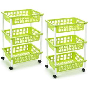 2x stuks opberg organiser trolleys/roltafels met 3 manden 62 cm in het groen - Etagewagentje/karretje met opbergkratten