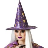Halloween heksenhoed - met sterren - one size - paars/goud - meisjes/dames - verkleed hoeden