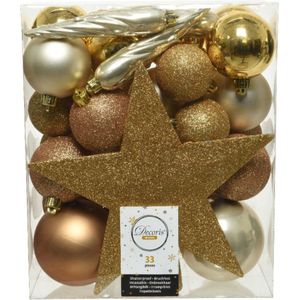 Decoris kerstballen - 33x st incl. ster piek - goud/champagne/bruin - kunststof - kerstversiering