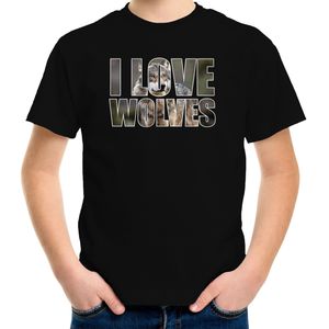 Tekst shirt I love wolves met dieren foto van een wolf zwart voor kinderen - cadeau t-shirt wolven liefhebber - kinderkleding / kleding