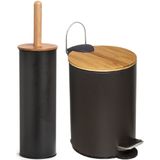 Zeller Badkamer/toilet accessoires set - WC-borstel/pedaalemmer- zwart - metaal/bamboe