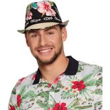 Hawaii thema party verkleedset - Trilby strohoedje - bloemenkrans blauw/wit - Tropical toppers - voor volwassenen