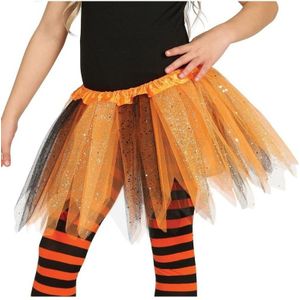 Heksen petticoat/tutu verkleed rokje oranje/zwart 31 cm voor meisjes - Tule onderrokjes oranje/zwart voor kinderen