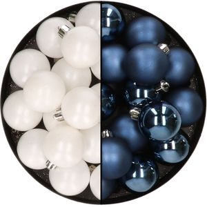 32x stuks kunststof kerstballen mix van wit en donkerblauw 4 cm - Kerstversiering