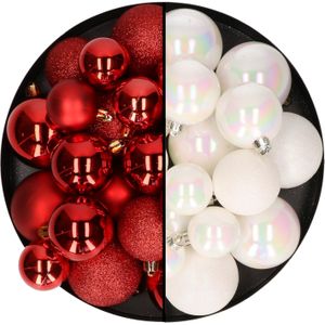 Kerstballen 60x stuks - mix parelmoer wit/rood - 4-5-6 cm - kunststof - kerstversiering