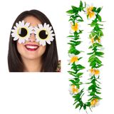 Tropische Hawaii party verkleed accessoires set - bloemen zonnebril - en bloemenkrans groen/wit - voor volwassenen