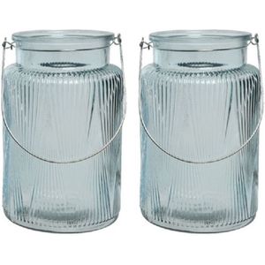 2x stuks windlicht/kaarshouder van glas ijsblauw 22 cm