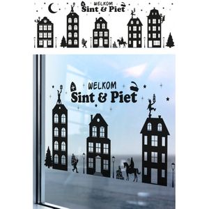 Welkom Sint en Piet zelfklevende raamsticker zwart 150 x 50 cm - Sinterklaas feestversiering/raamdecoratie