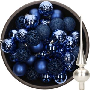 Decoris Kerstballen - 37x stuks - 6 cm - kobalt blauw - kunststof - incl. glazen piek mat zilver