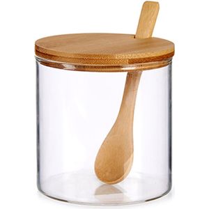 Suikerkom / suikerpotje glas met  bamboe houten lepel en deksel 520 ML