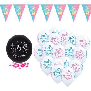 Gender reveal party versieringen pakket geboorte meisje grote prik-ballon/ballonnen he or she/vlaggetjes