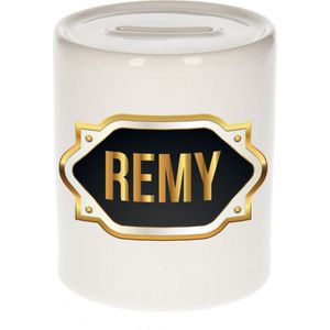 Remy naam cadeau spaarpot met gouden embleem - kado verjaardag/ vaderdag/ pensioen/ geslaagd/ bedankt