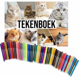 Schetsboek Katten liefhebbers A4 50 paginas met 50 viltstiften - Tekenboeken cadeau voor kinderen