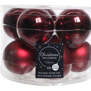 10x Donkerrode glazen kerstballen 6 cm - glans en mat - Glans/glanzende - Kerstboomversiering donkerrood