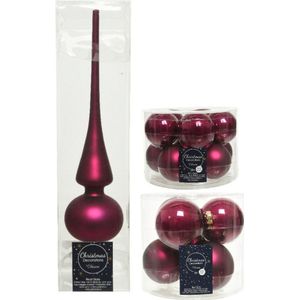 Compleet glazen kerstballen pakket framboos roze glans/mat 32x stuks met piek mat - 20x 6 cm - 12x 8 cm