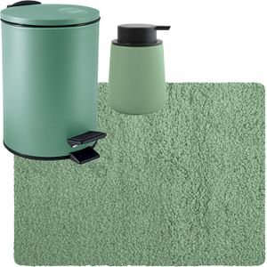 MSV badkamer droogloop tapijt langharig 50x70 cm - pedaalemmer 3L - zeeppompje 300 ml - groen