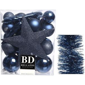 Kerstversiering kunststof kerstballen 5-6-8 cm met ster piek en folieslingers pakket donkerblauw 35x stuks - Kerstboomversiering