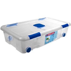 1x Opbergboxen/opbergdozen met deksel en wieltjes 30 liter kunststof transparant/blauw - 73 x 41 x 17 cm - Opbergbakken