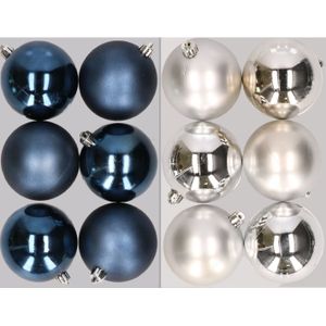 12x stuks kunststof kerstballen mix van donkerblauw en zilver 8 cm - Kerstversiering