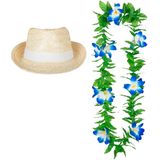 Carnaval verkleed set - Tropische Hawaii party - Ibiza strohoedje - en bloemenkrans groen/blauw - voor volwassenen