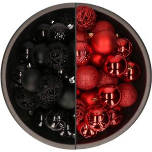 74x stuks kunststof kerstballen mix rood en zwart 6 cm - Onbreekbare kerstballen - Kerstversiering