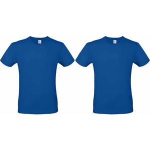 Set van 2x stuks blauw basic t-shirt met ronde hals voor heren - katoen - 145 grams - witte shirts / kleding, maat: M (50)