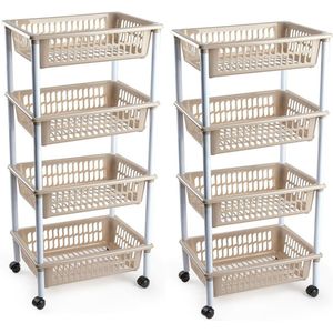 2x stuks opberger/organiser trolley/roltafel met 4 manden 85 cm taupe - Etagewagentje/karretje met opbergkratten