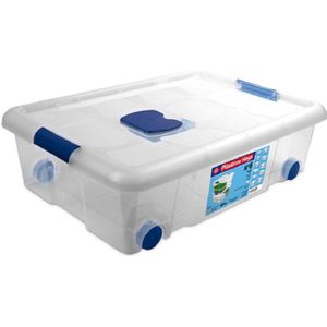 1x Opbergboxen/opbergdozen met deksel en wieltjes 31 liter kunststof transparant/blauw - 61 x 44 x 18 cm - Opbergbakken
