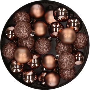 Decoris Kerstballen - 28 ST - mini - walnoot bruin - kunststof - 3 cm - glans/mat/glitter