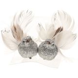 Cosy &amp; Trendy 2x Kerstboomversiering glitter zilver vogeltje op clip 10 cm - Kerstboom decoratie vogeltjes