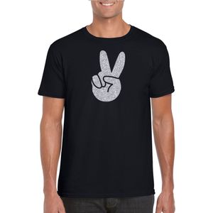 Zwart Flower Power t-shirt zilveren glitter peace hand heren - Sixties/jaren 60 kleding