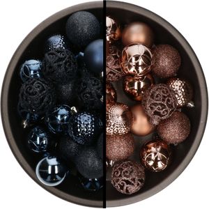 Kerstballen - 74x stuks - donkerblauw en bruin - 6 cm - kunststof